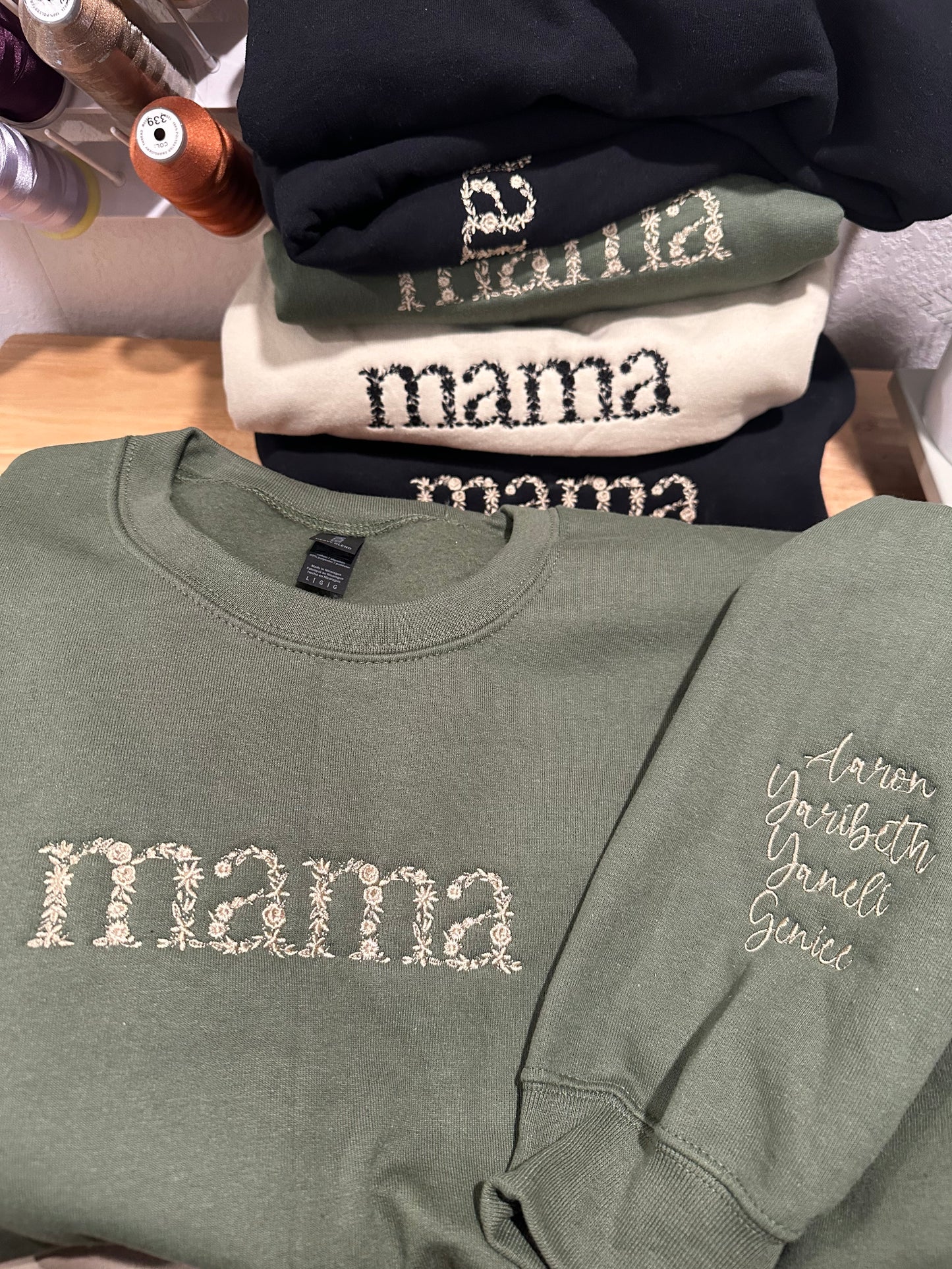 Embroidered Mama Sweater - Floral Font w/ Custom Sleeve Names