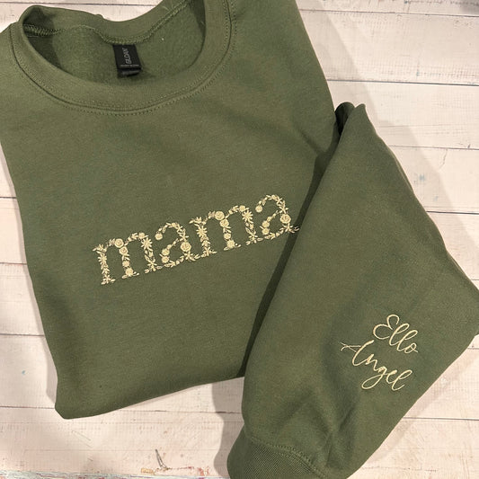 Embroidered Mama Sweater - Floral Font w/ Custom Sleeve Names