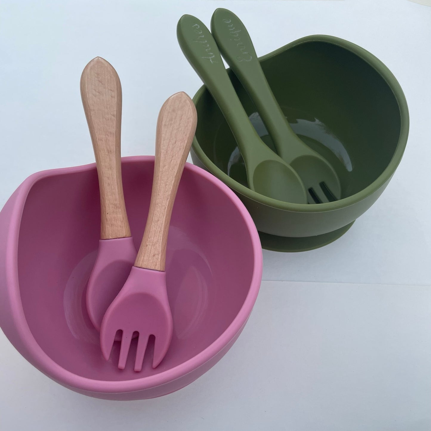 Personalized Custom Silicone Bowl Fork and Spoon Set | Toddler Lunch Time Bowl Spoon Fork Engraved Name Set | Suction Bowl Set Toddler Name Active