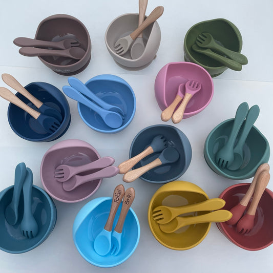Personalized Custom Silicone Bowl Fork and Spoon Set | Toddler Lunch Time Bowl Spoon Fork Engraved Name Set | Suction Bowl Set Toddler Name Active